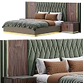 Double Bed With Green Diamond Pattern Headboard Wooden Frame And Brown White Pillows