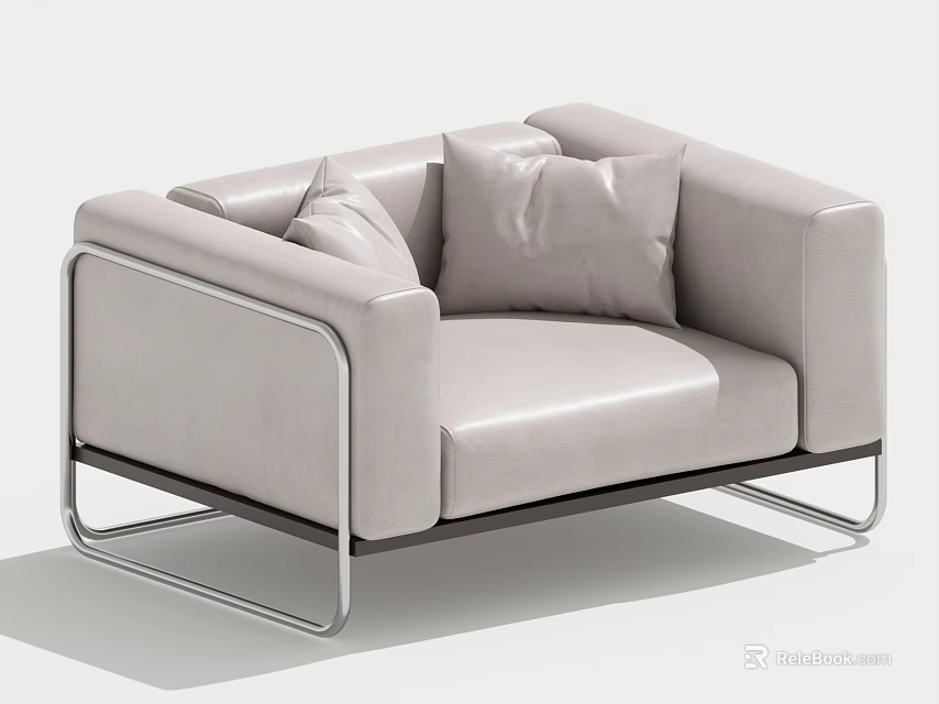 Modern Light Colored Leather Single Sofa With Metal Frame And Decorative Cushions 3d model 