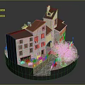 Charming Residential Buildings With Pink Walls Red Roofs Arched Doorways Small Stream And Green Tree