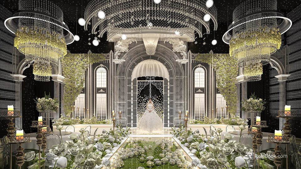 Luxurious Banquet Hall Wedding Setup With Crystal Chandeliers Archway White Flowers And Greenery 3d model 