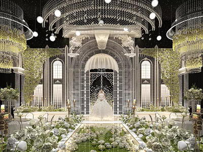 Luxurious Banquet Hall Wedding Setup With Crystal Chandeliers Archway White Flowers And Greenery 3d model