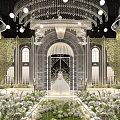 Luxurious Banquet Hall Wedding Setup With Crystal Chandeliers Archway White Flowers And Greenery
