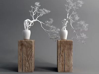Decorative White Bonsai Plants with Delicate Branches on Wooden Pedestals 3d model