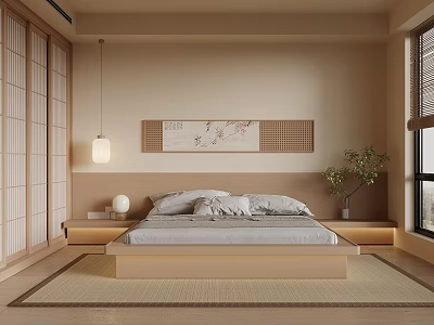 Japanese Style Bedroom Interior With Wooden Sliding Doors Beige Walls And Platform Bed 3d model