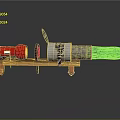 Mechanical Device Model On Wooden Stand With Red Green Cylinders And Metal Components