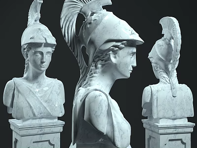 Ancient Style Marble Sculpture Busts With Helmet And Feather Plumes On Stone Pedestals 3d model