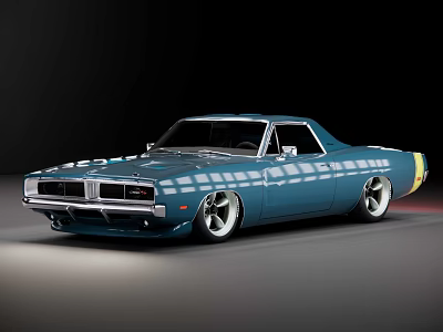 Blue Vintage Muscle Car With Yellow Rear Accents And Silver Wheels Styling On Dark Background 3d model