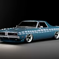 Blue Vintage Muscle Car With Yellow Rear Accents And Silver Wheels Styling On Dark Background