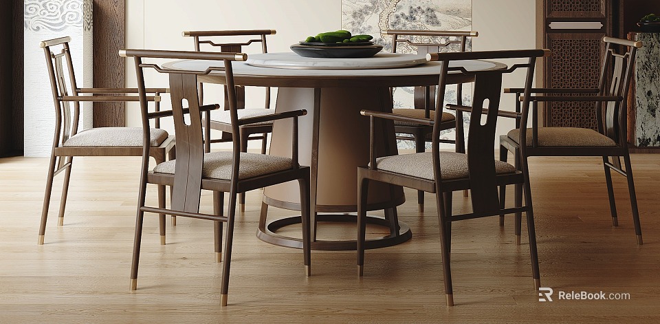 Chinese Style Round Dining Table With Wooden Armchairs Upholstered Seats Decorative Tray Green Fruits 3d model 