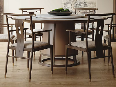 Chinese Style Round Dining Table With Wooden Armchairs Upholstered Seats Decorative Tray Green Fruits 3d model