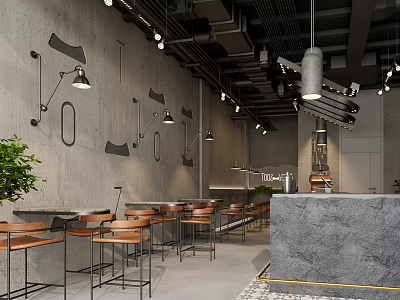Industrial Milk Tea Shop Interior With Gray Walls Metal Lights Wooden Chairs And Marble Counter 3d model