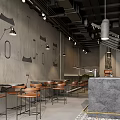 Industrial Milk Tea Shop Interior With Gray Walls Metal Lights Wooden Chairs And Marble Counter