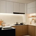 Modern Kitchen Interior With White Upper Cabinets Wooden Lower Cabinets Range Hood And Countertop