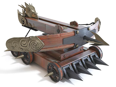 Ancient Medieval Siege Weapon With Wooden Structure Dragon Head Carving And Spiked Wheels 3d model