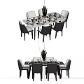 Dining Table and Chairs Set with Tableware and Decorative Green Plant 3d model