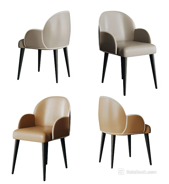 Modern Beige and Light Brown Dining Chairs with Armrests and Black Slim Legs 3d model 