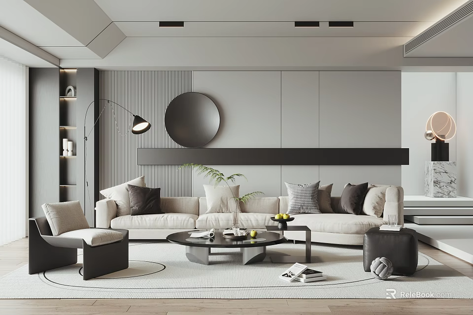 Modern Living Room Interior With Beige Sofa Multiple Pillows Round Coffee Table And Floor Lamp 3d model 