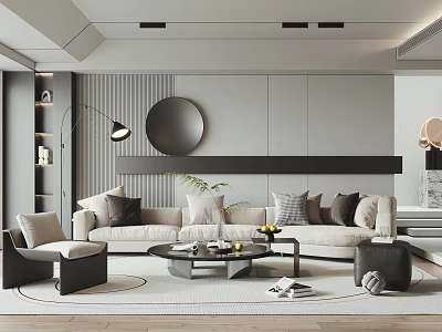 Modern Living Room Interior With Beige Sofa Multiple Pillows Round Coffee Table And Floor Lamp 3d model