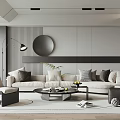 Modern Living Room Interior With Beige Sofa Multiple Pillows Round Coffee Table And Floor Lamp