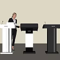 SHARP Podiums With Woman In Professional Attire Standing By Three Colored Models And Microphones
