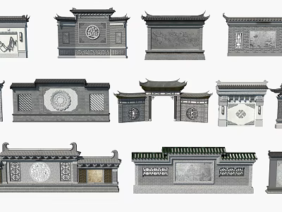 Traditional Chinese Scenic Walls Featuring Classic Carvings And Tile Roof Designs 3d model
