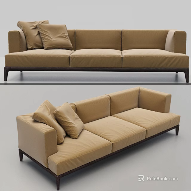 Minimalist Beige Fabric Three Seater Sofa With Decorative Pillows And Wooden Legs 3d model 