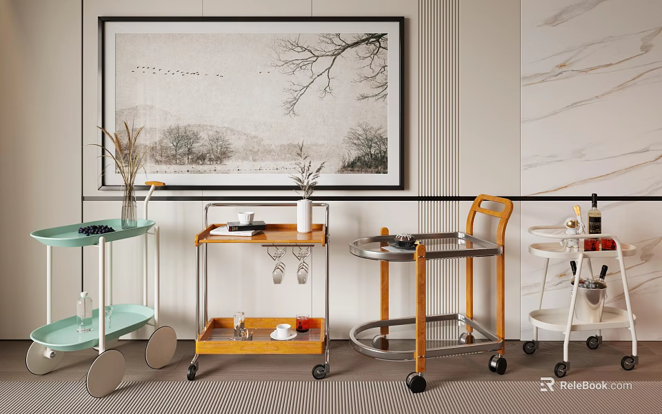 Commercial Wheeled Service Carts with Various Wooden Metal Designs for Dining Hospitality Use 3d model 