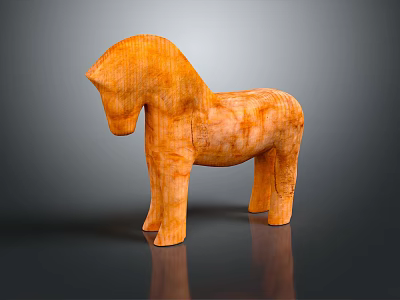 Orange Wooden Horse Sculpture With Simple Handcrafted Design And Smooth Surface 3d model