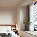 Modern Minimalist Bedroom Interior With Bed Gray Blanket Bedside Table Window Blinds And Plant