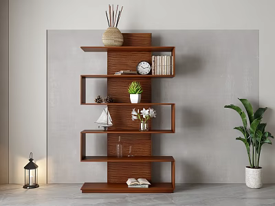 Decorative Wooden Shelf with Flower Vase Clock Books Glassware and Green Plant 3d model
