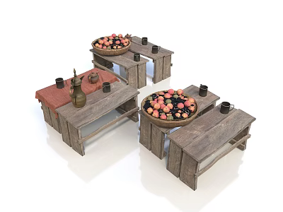Rustic Wooden Dining Tables Styled With Fruit Baskets Black Cups Clay Pots And Red Tablecloths 3d model