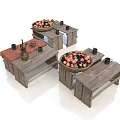 Rustic Wooden Dining Tables Styled With Fruit Baskets Black Cups Clay Pots And Red Tablecloths