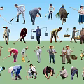 People Performing Various Labor Activities Using Shovels Baskets and Other Tools 3d model