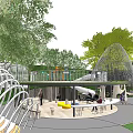 Outdoor Children's Play Area With Spiral Structure Trees Green Lawn And Railings
