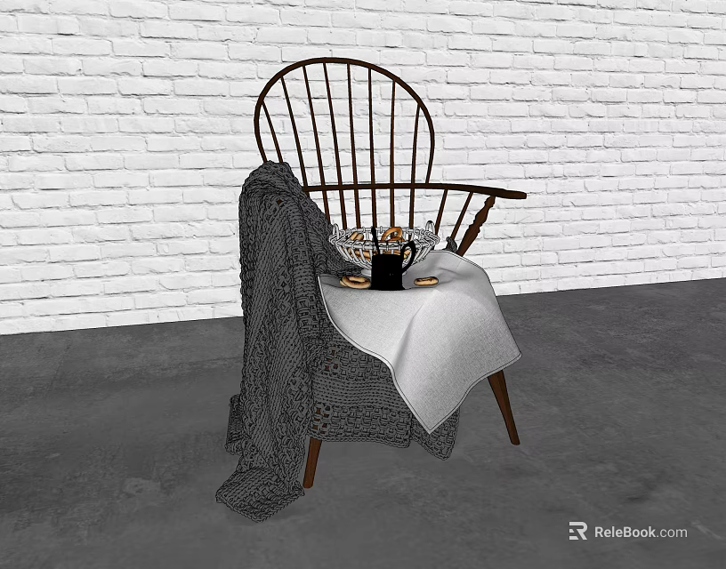 Wooden Armchair With Knitted Blanket Tray And Mug Against White Brick Wall 3d model 