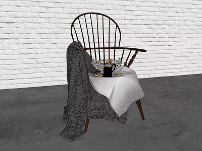 Wooden Armchair With Knitted Blanket Tray And Mug Against White Brick Wall 3d model