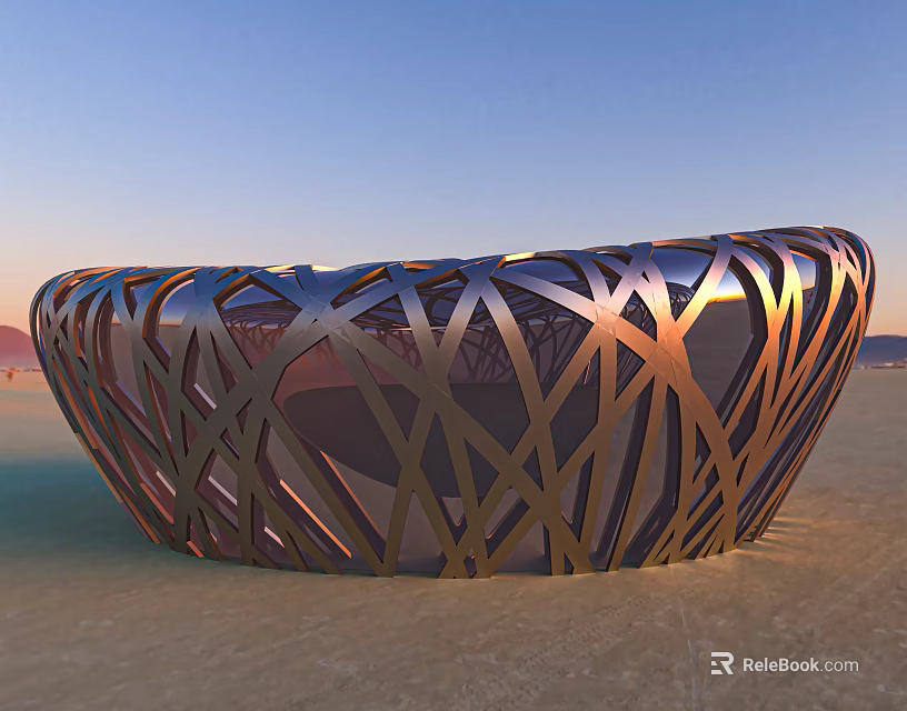 Ornate Modern Metallic Frame Structure In Desert With Warm Sunset Lighting 3d model