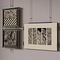 Abstract Paintings On Wall With Multiple Frames Black White Stripes And Feather Leaf Texture 3d model