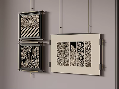 Abstract Paintings On Wall With Multiple Frames Black White Stripes And Feather Leaf Texture 3d model