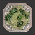 Scenic Octagonal Park Area With Green Grass Bushes Street Lamp And Benches