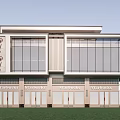 Modern Commercial Complex with Glass Curtain Walls Ground Floor Shops and Green Lawn