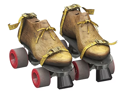 Wooden Roller Skates with Yellow Straps Red Wheels and Black Frames Design 3d model