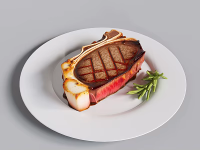 Juicy Bone In Grilled Steak with Grill Marks Served on White Plate and Fresh Rosemary 3d model
