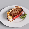 Juicy Bone In Grilled Steak with Grill Marks Served on White Plate and Fresh Rosemary