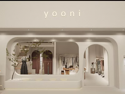 Modern Minimalist White Clothing Store Interior With Arch Windows Clothing Displays And Mannequins 3d model