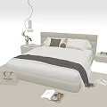 Modern Double Bed With Upholstered Headboard Bedside Lamp Vase And Striped Rug