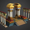 Ornate Entrance Gate With Golden Decorative Tops White Columns And Red Flower Beds