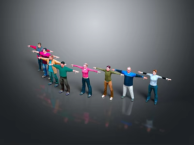 Group of People Standing in Line Stretching Arms With Gray Background and Floor Reflections 3d model