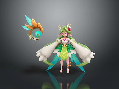 Fantasy Female Character With Pink Hair Green White Outfit Floral Crown And Feathered Orb 3d model