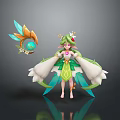 Fantasy Female Character With Pink Hair Green White Outfit Floral Crown And Feathered Orb